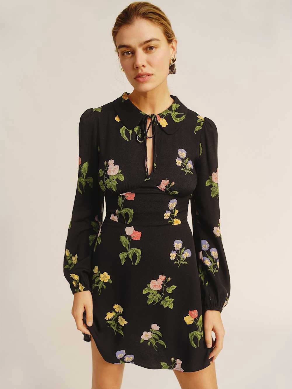 Reformation Will Black Floral Night Bloom Long-Sleeve Mini Dress Size 4 - Picture 2 of 12